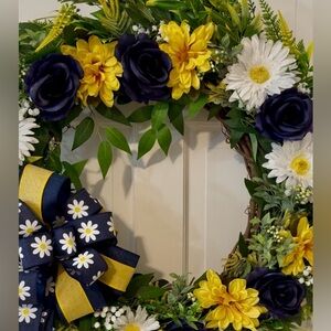 Floral Home Holiday Wreath with Yellow and Blue Accents